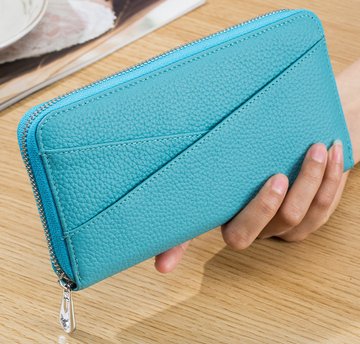 Великий шкіряний гаманець на блискавці з кишенею спереду А15-КТ-10261 Блакитний