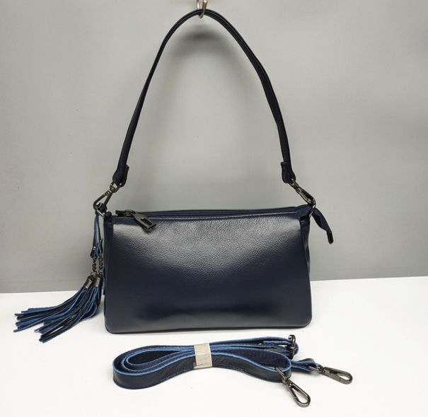 Кожаная сумка клатч трапеция с тремя отделами и ремешком на плечо С01-КТ-3043 Синяя