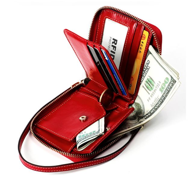 Шкіряний гаманець форма квадратна, на блискавці з ремінцем А03-КТ-10224 Червоний
