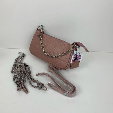 Узкая сумка багет фактура под крокодила / фурнитура серебро / натуральная кожа (252) Розовый