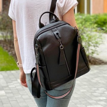Женский кожаный рюкзак с широким ремнем на плечо С101-КТ-2813 Черный