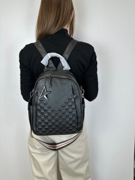 Кожаный рюкзак фактура шахматка с ремнем на плече #1110-1-С04-КТ-2831 Черный