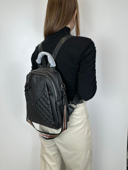 Шкіряний рюкзак фактура шахматка с ремнем на плече #1110-1-С04-КТ-2831 Чорний