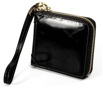 Шкіряний гаманець форма квадратна, на блискавці з ремінцем А03-КТ-10224 Чорний