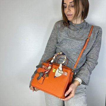 Кожаная сумка с ручкой 25см серебристая фурнитура КТ-835-25 Оранжевая