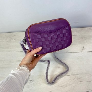 Кожаная квадратная сумка с цветным ободком шахматка С101-КТ-3083 Фиолетовая