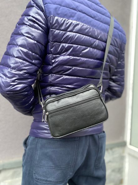 Шкіряна чоловіча сумка барсетка на широкому текстильному ремінці С05-КТ-4022 Чорна