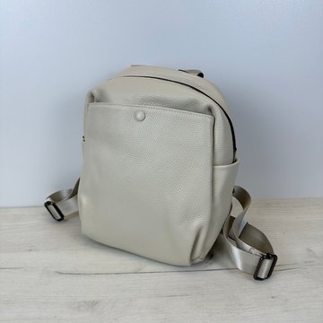 Кожаный рюкзак с большой карманом спереди на кнопке с101-КТ-2823 Молочный