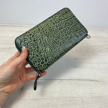 Великий шкіряний гаманець на блискавці фактура крокодил С37-КТ-10265 Зелений