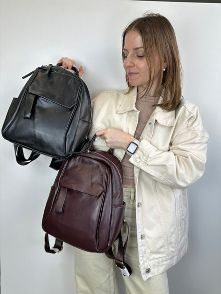 Шкіряний рюкзак гладка фактура з карманом спереду С02-КТ-2832 Чорний