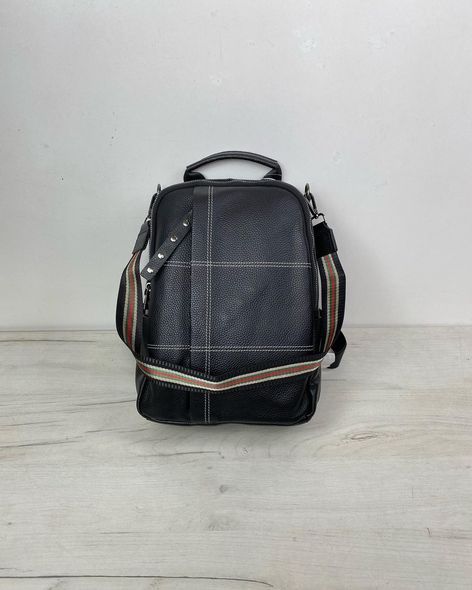 Кожаный рюкзак вертикальный карман спереди + широкий ремешок С 42-КТ-2888 Черный