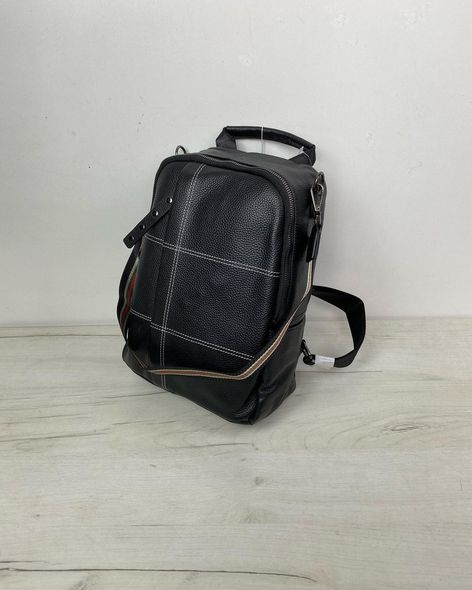 Шкіряний рюкзак вертикальна кишеня спереду + широкий ремінець С 42-КТ-2888 Чорний