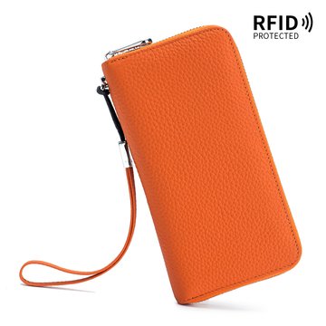 Большой кожаный кошелек портмоне с ремешком серебристая фурнитура А15-КТ-10233 Оранжевый