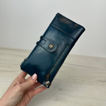Великий шкіряний гаманець подвійна блискавка з клапаном 3513-А03-КТ-10320 Синій
