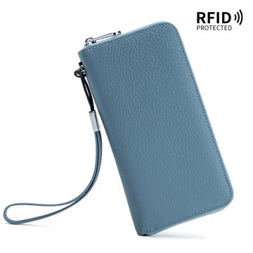 Большой кожаный кошелек портмоне с ремешком серебристая фурнитура А15-КТ-10233 Голубой
