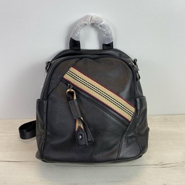 Кожаный рюкзак с тканевой вставкой и широким ремешком на плечо С101-КТ-2805 Черный