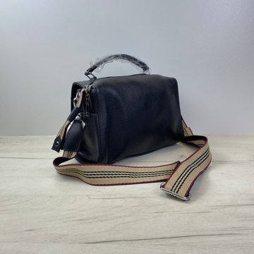 Шкіряна сумка барильце з широким тканинним ремінцем С01-КТ-4105 Чорна