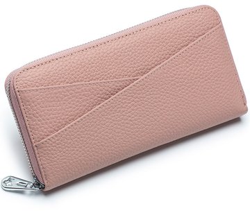 Большой кожаный кошелек на молнии с карманом спереди А15-КТ-10261 Розовый
