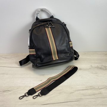 Кожаный рюкзак с вертикальной тканевой вставкой и ремешком С101-КТ-2806 Черный
