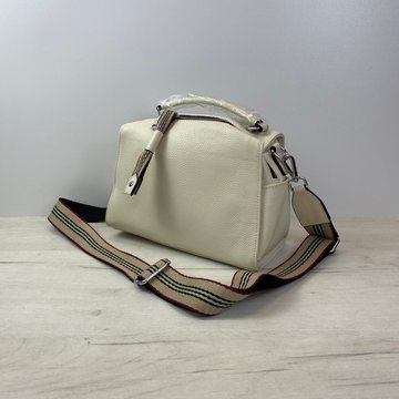 Шкіряна сумка барильце з широким тканинним ремінцем С01-КТ-4105 Біла